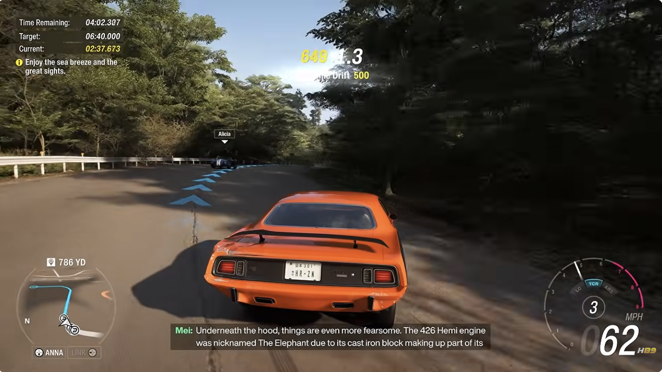 A frame from a driving video game showing a car on a forest road