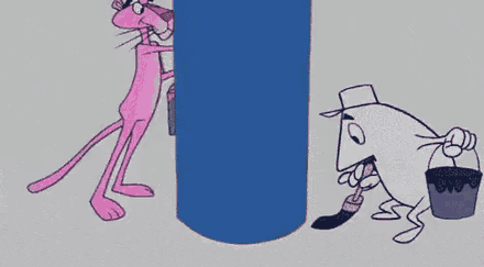 Animation: the Pink Panther paints a wall pink while a little man paints it back again