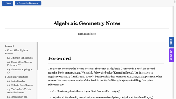 The algebraic geometry notes, with their contents sidebar